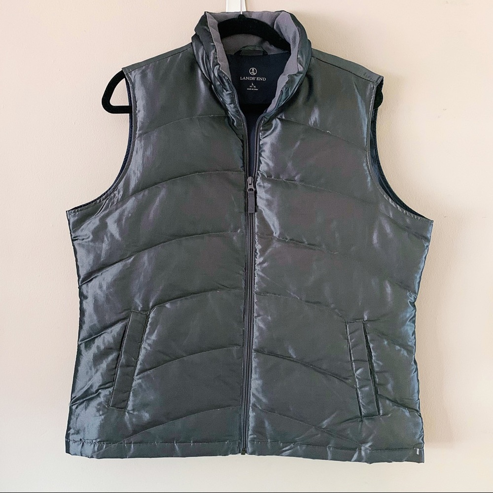 Lands’ End Zipper Up Silver Puffer Down Vest